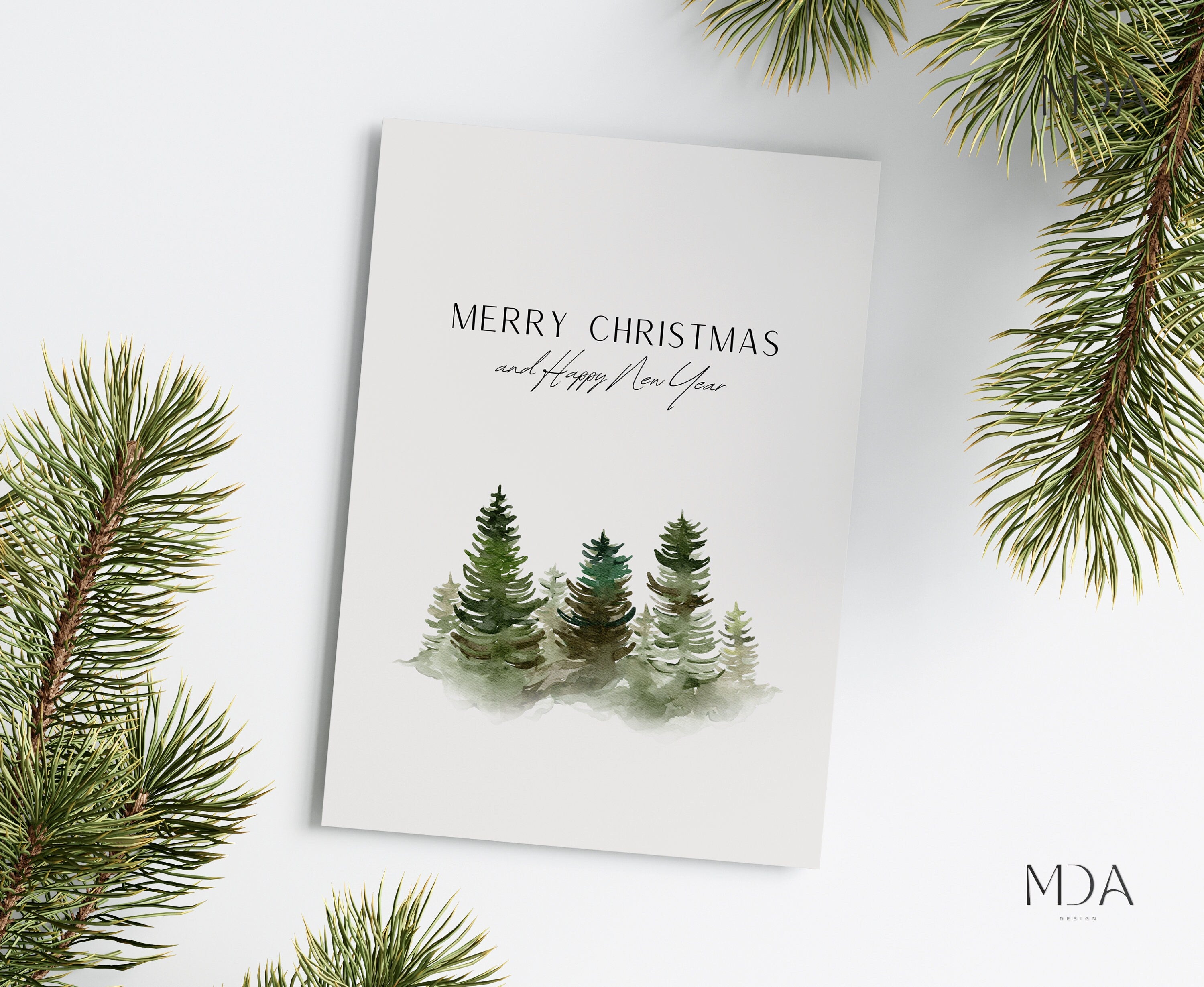 Watercolor Christmas Tree Card - Printable Christmas Card