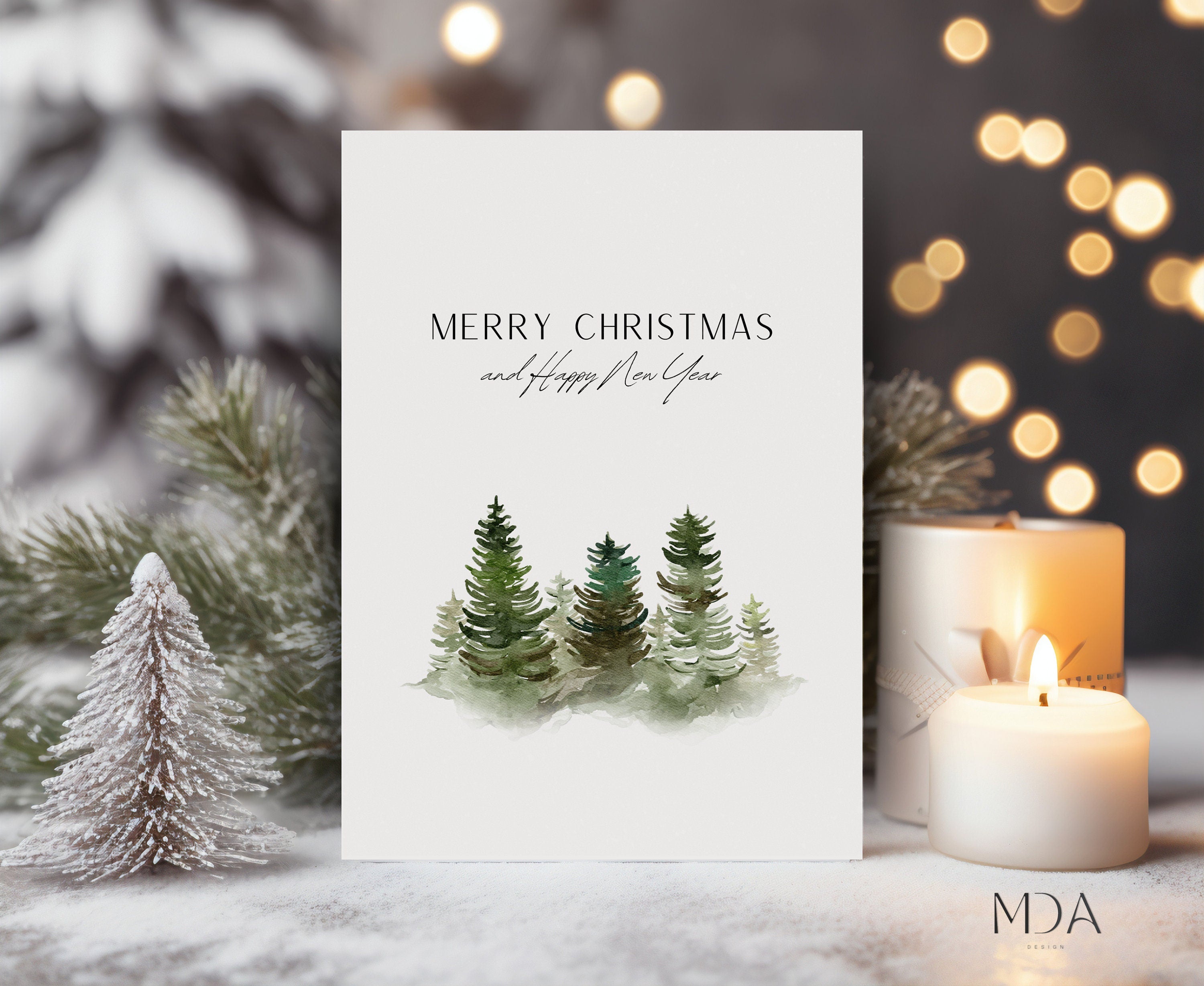 Watercolor Christmas Tree Card - Printable Christmas Card