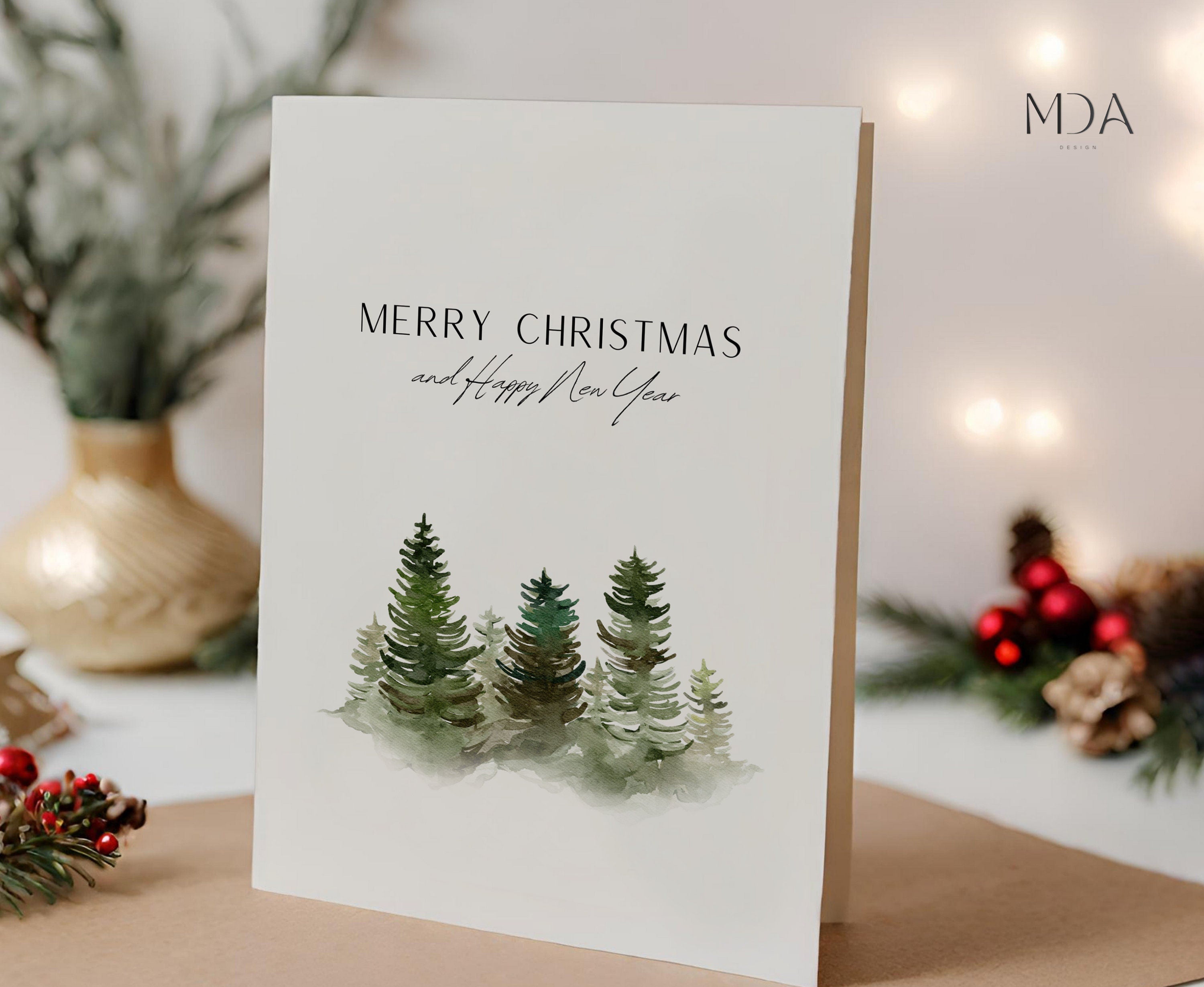 Watercolor Christmas Tree Card - Printable Christmas Card