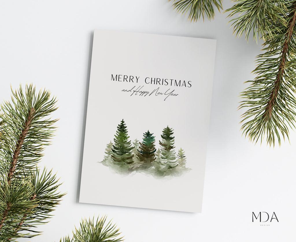Watercolor Christmas Tree Card - Printable Christmas Card