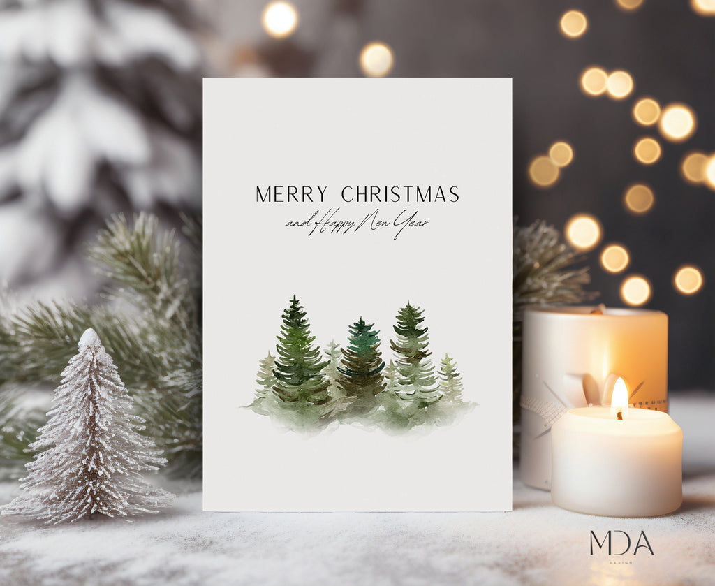 Watercolor Christmas Tree Card - Printable Christmas Card
